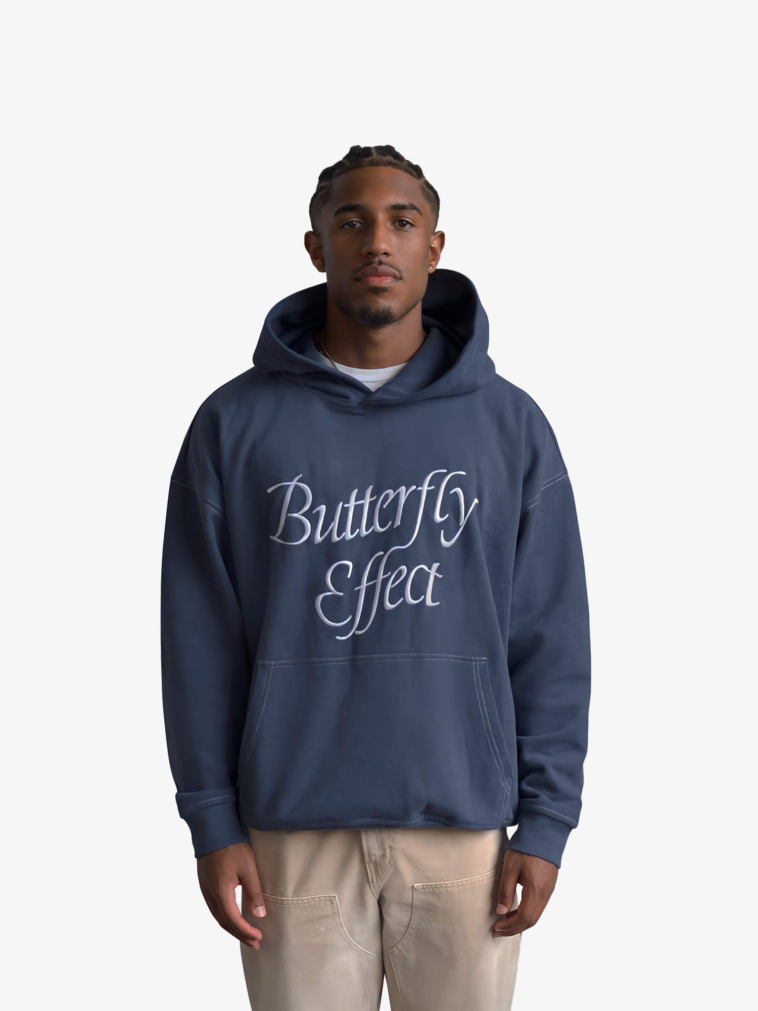 Front view of model ms1-01 in butterfly effect hoodie