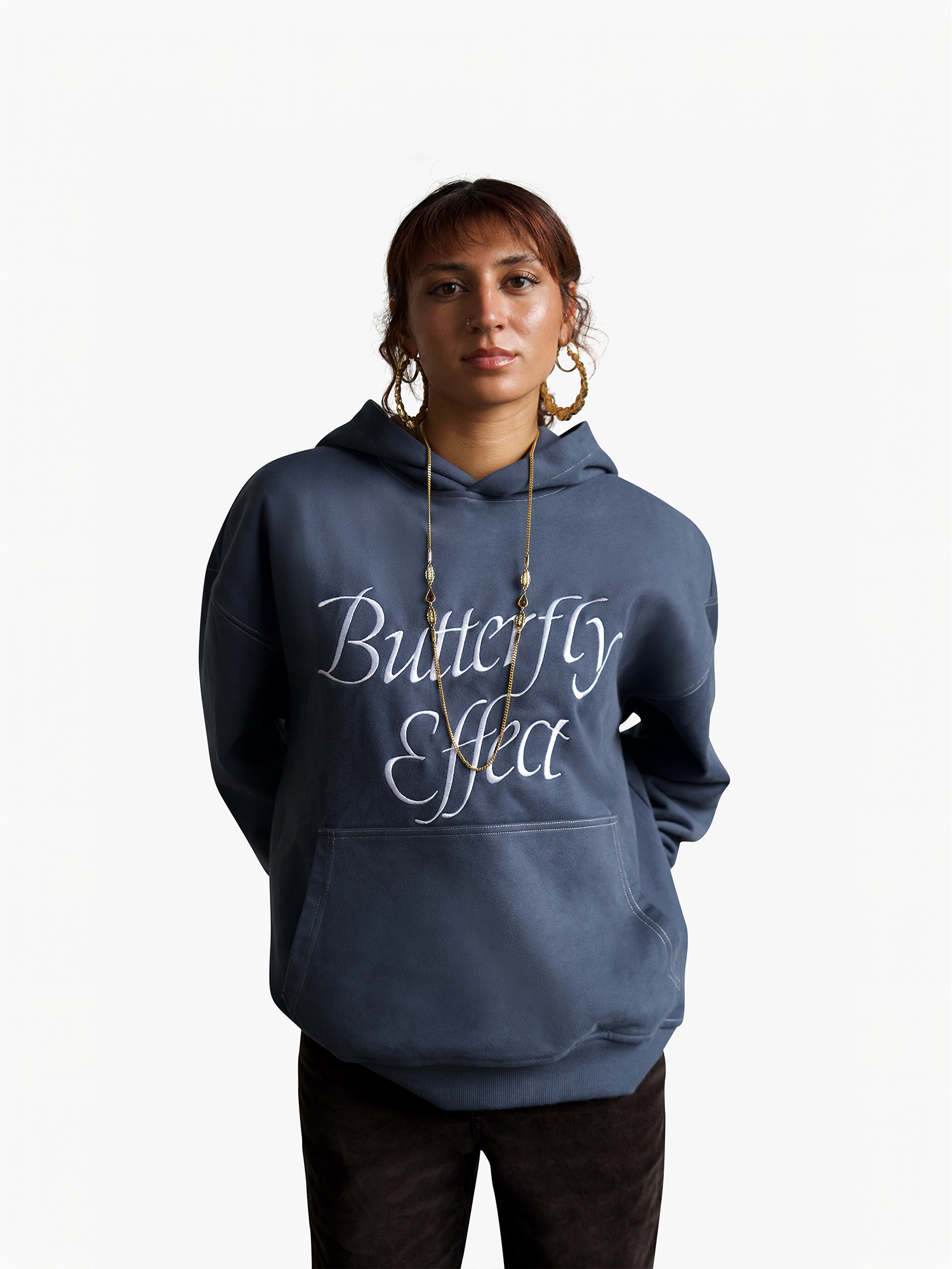 Front view of model ws1-01 in butterfly effect hoodie