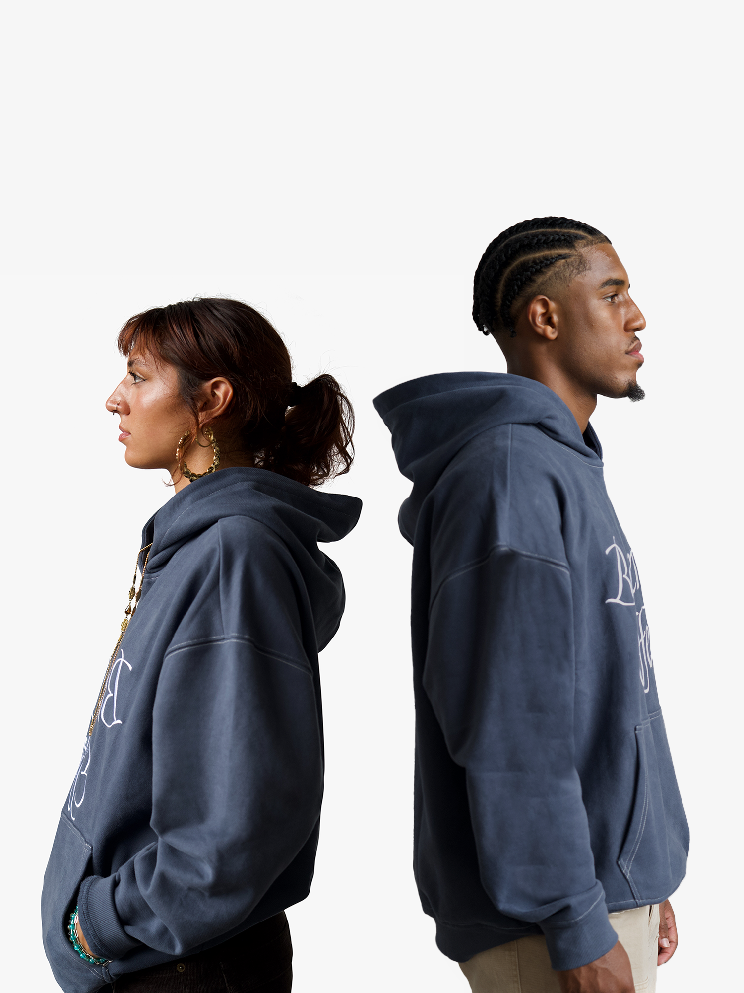 Side view of models ws1-01 and ms1-01 in butterfly effect hoodie